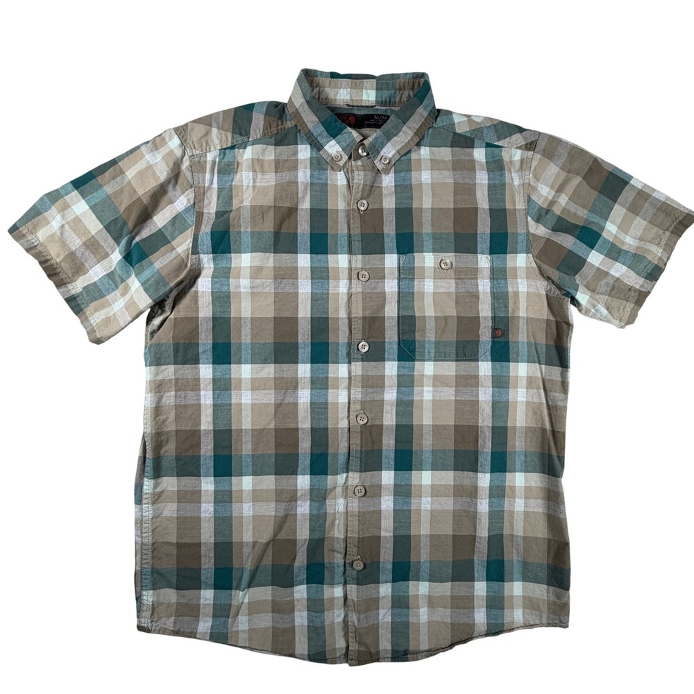 Mountain Hardwear Mens Medium Plaid Short Sleeve Button Down Shirt Green Brown